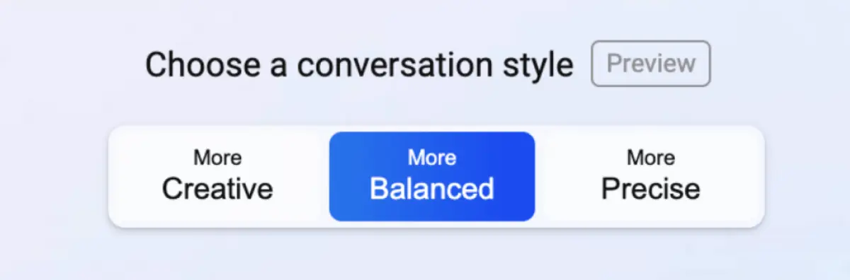 A screenshot of the Bing tone tuner which includes a prompt to select a conversation style from the options of 'More Creative', 'More Balanced', and 'More Precise'.